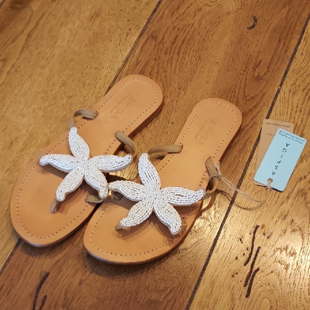 Tan and White Glass Bead Sandals with ASPIGA
